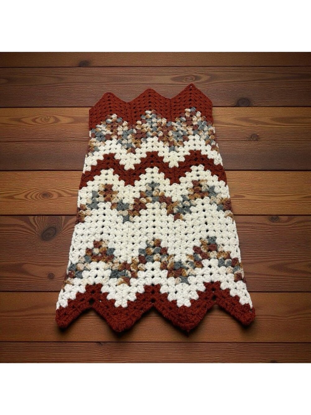 Vintage Crocheted Table Runner Or Wall Hanging Decor Autumn Fall Brown Red White